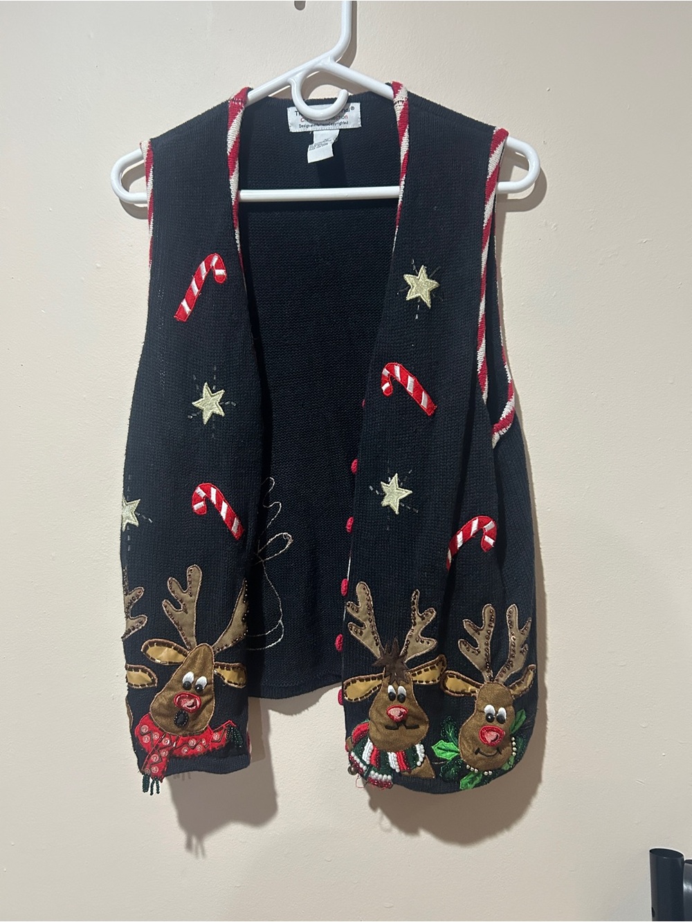 Vintage Black Holiday Reindeer Vest with Candy Cane Embroidery
